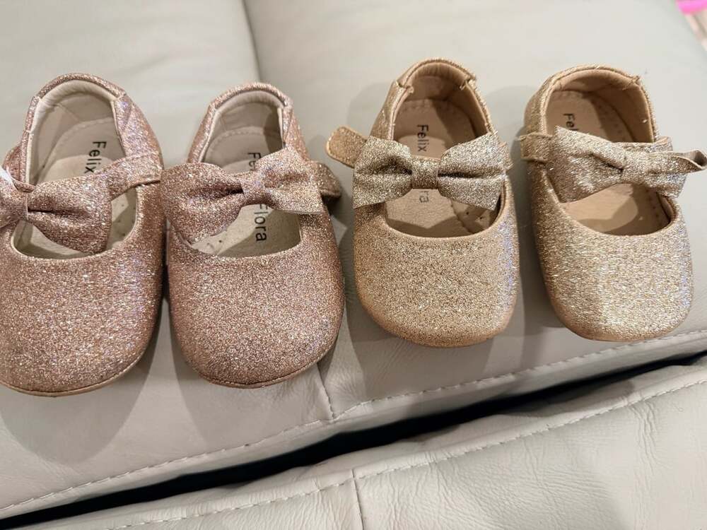 Felix & Flora Mary Jane Flats Size 125 & 130 Bow Glitter Pink Gold Shoes